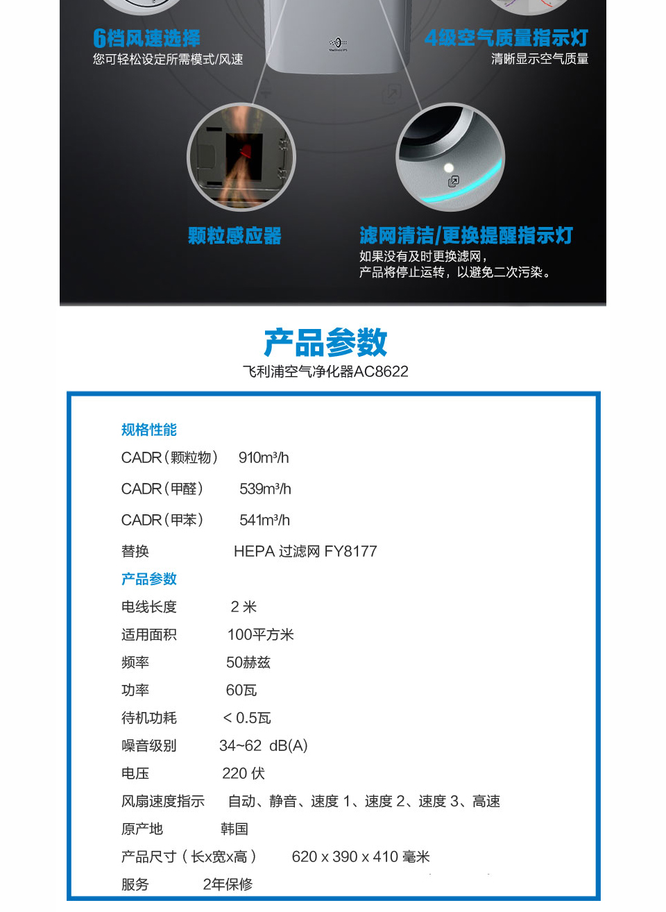 philips飞利浦空气净化器ac8622家用商用除甲醛除烟尘