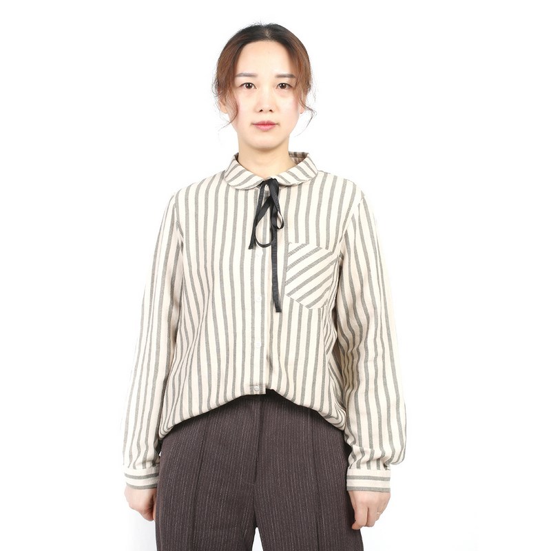 jjmodayounger减龄蝴蝶结翻领长袖条纹衬衫hz20180205qy05